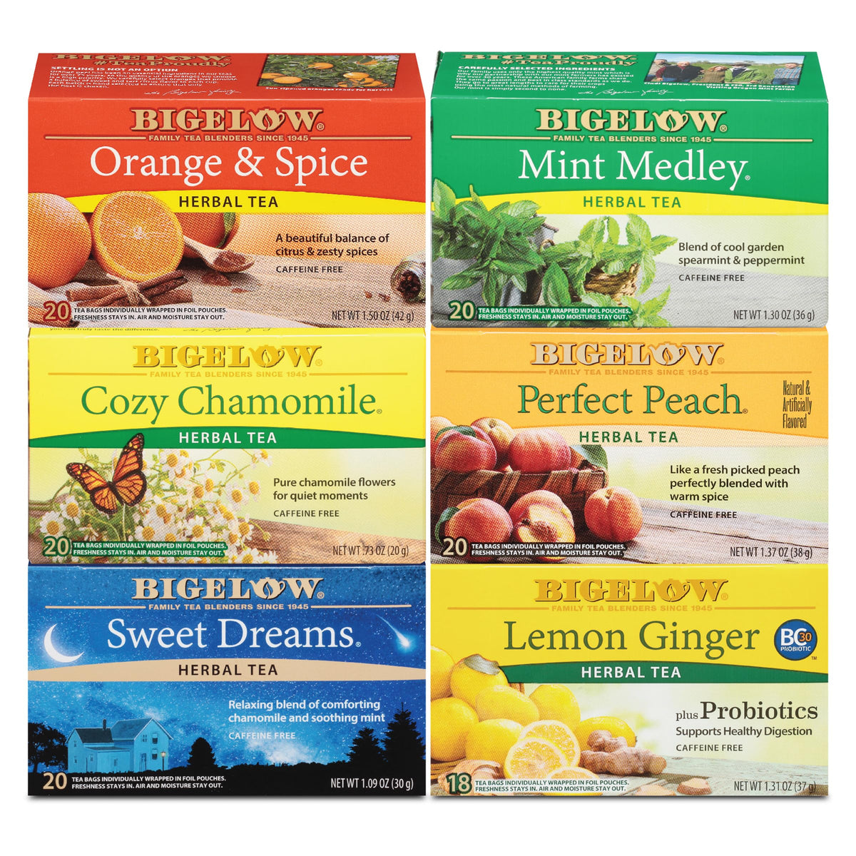 Bigelow Mint Medley tea bag for a refreshing, caffeine-free moment.