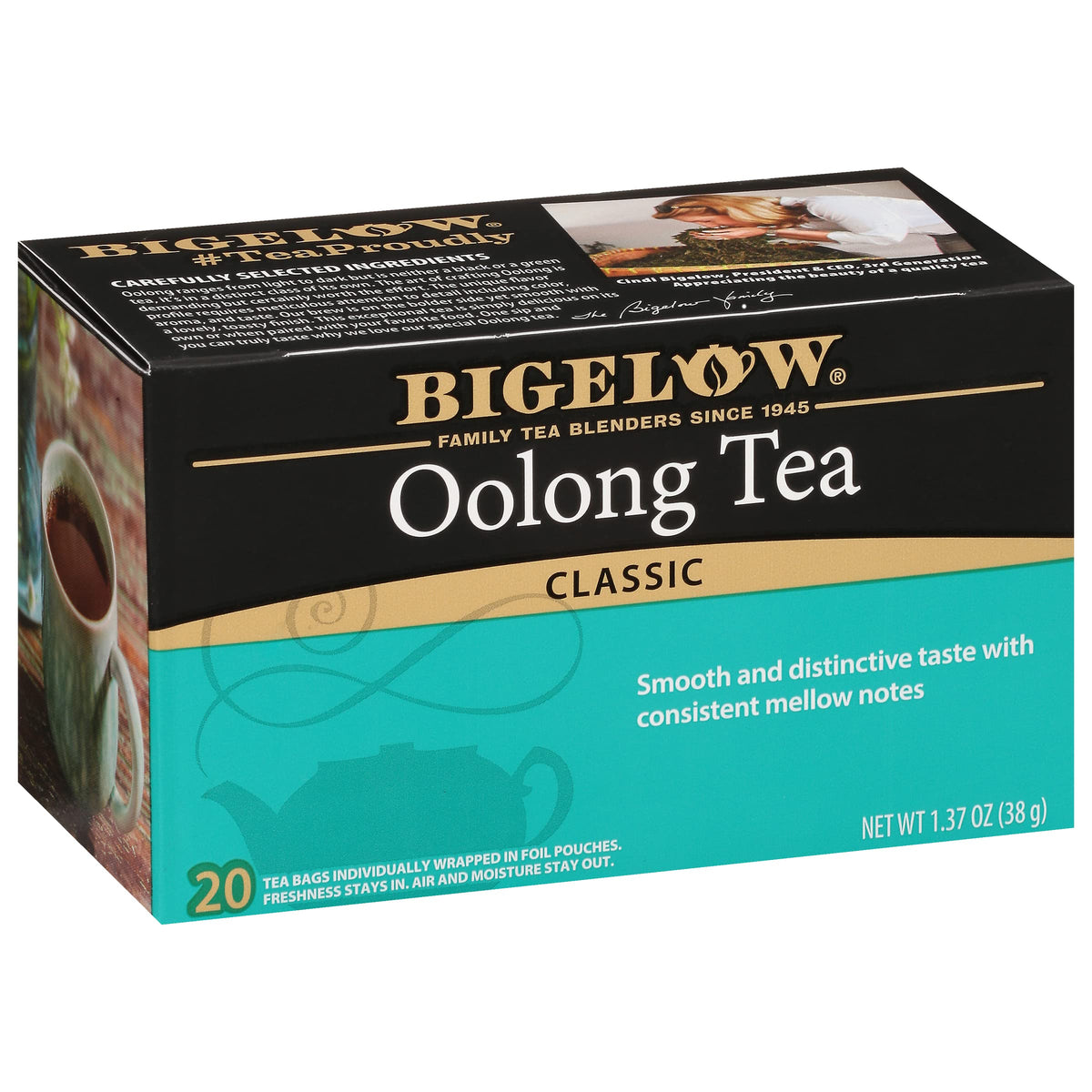 Bigelow Oolong Tea box view, a versatile brew to pair with meals.