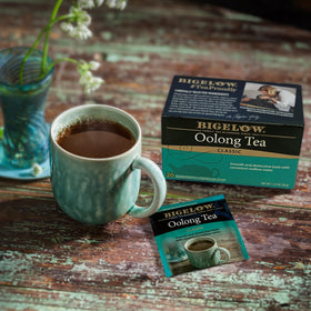 Bigelow Oolong Tea tea-bags close-up, individually wrapped for peak freshness and aroma.