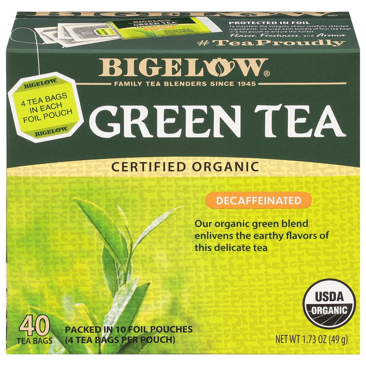 Bigelow Organic Decaffeinated Green Tea bags in a box for hot or iced tea