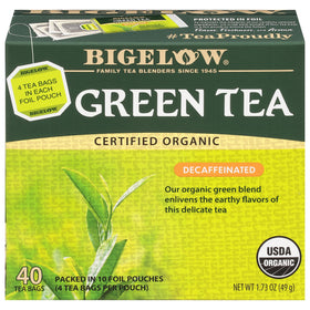 Bigelow Organic Decaffeinated Green Tea bags in a box for hot or iced tea