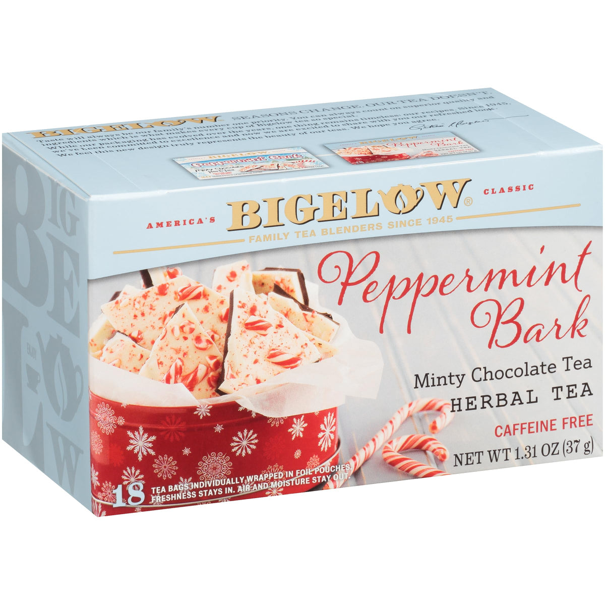 Bigelow Peppermint Bark tea bags showing peppermint and chocolate notes for a convenient flavor moment