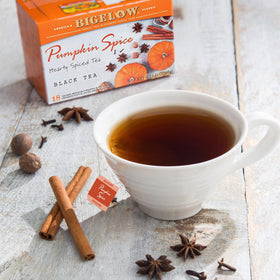 Bigelow Pumpkin Spice cup steaming, inviting warmth and flavor