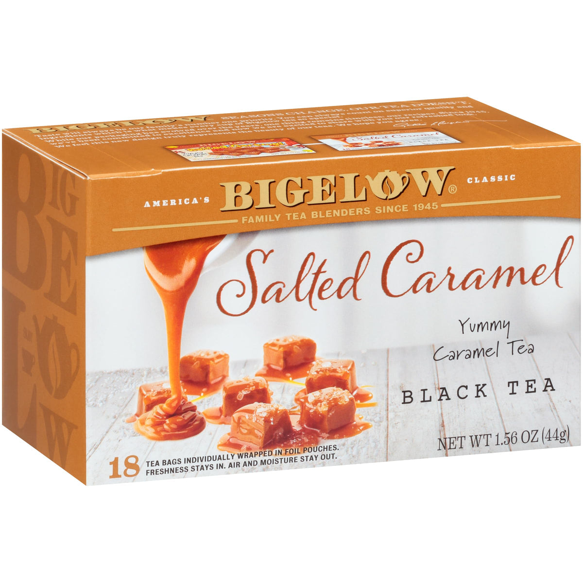 Bigelow Salted Caramel Black Tea box shows festive flavor and convenience for busy days.
