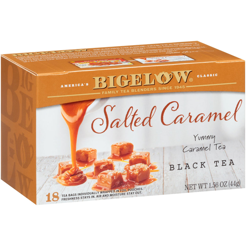 Bigelow Salted Caramel Black Tea box shows festive flavor and convenience for busy days.
