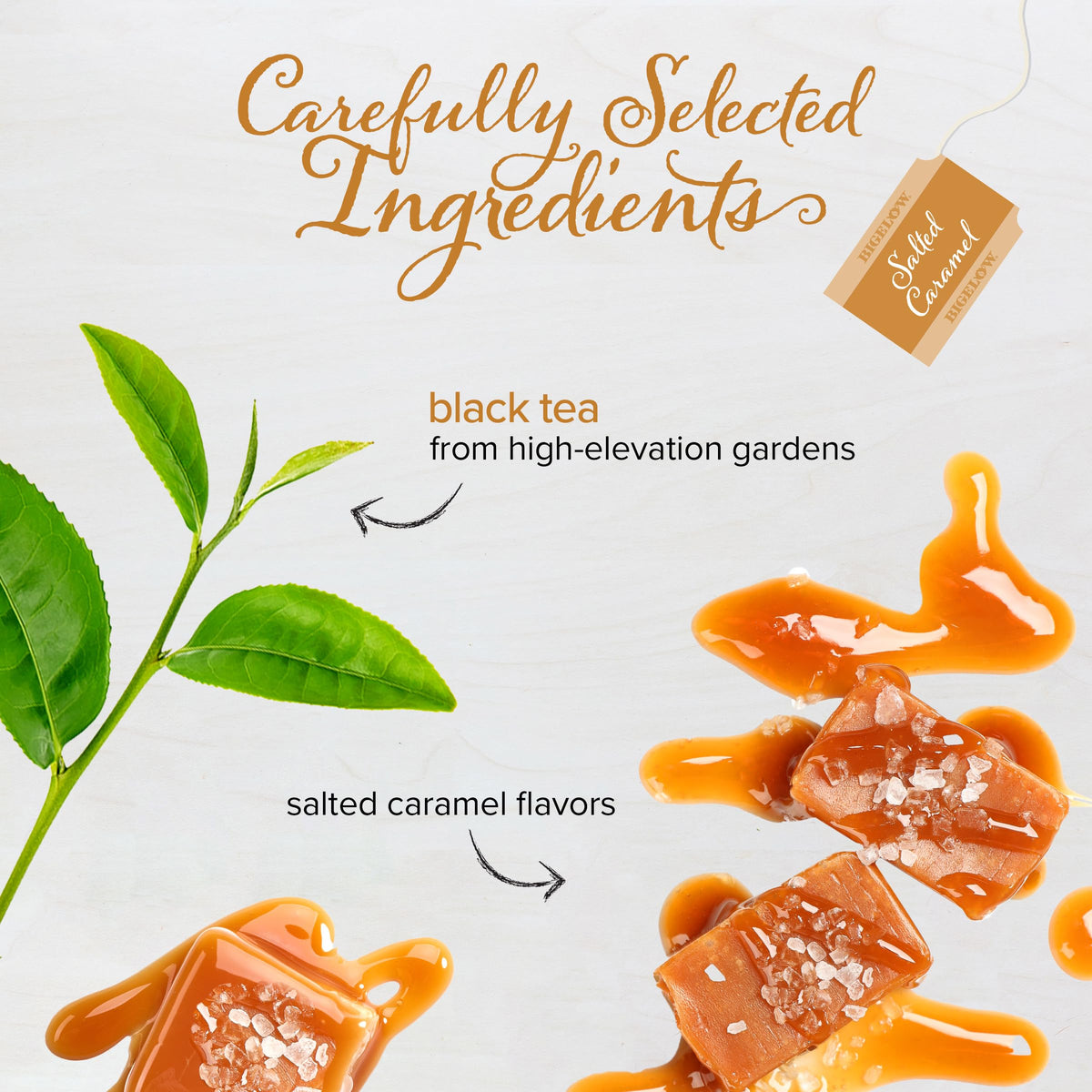 Bigelow Salted Caramel Black Tea packaging highlights foil-wrapped freshness for peak aroma.