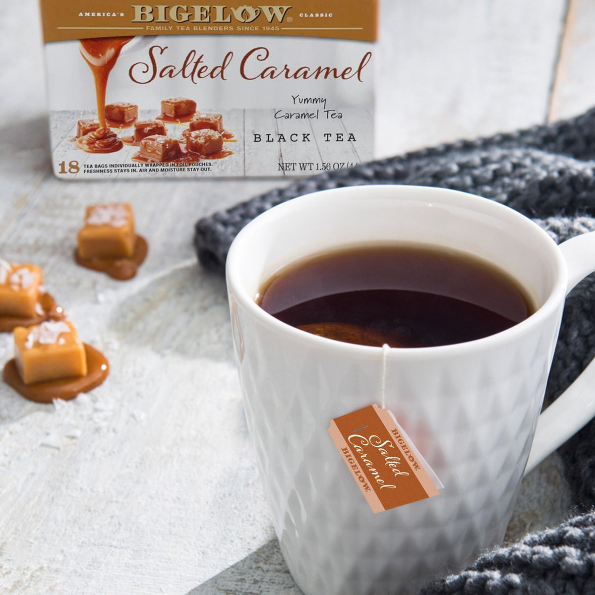 Bigelow Salted Caramel Black Tea bags reveal caramel aroma and energizing flavor.