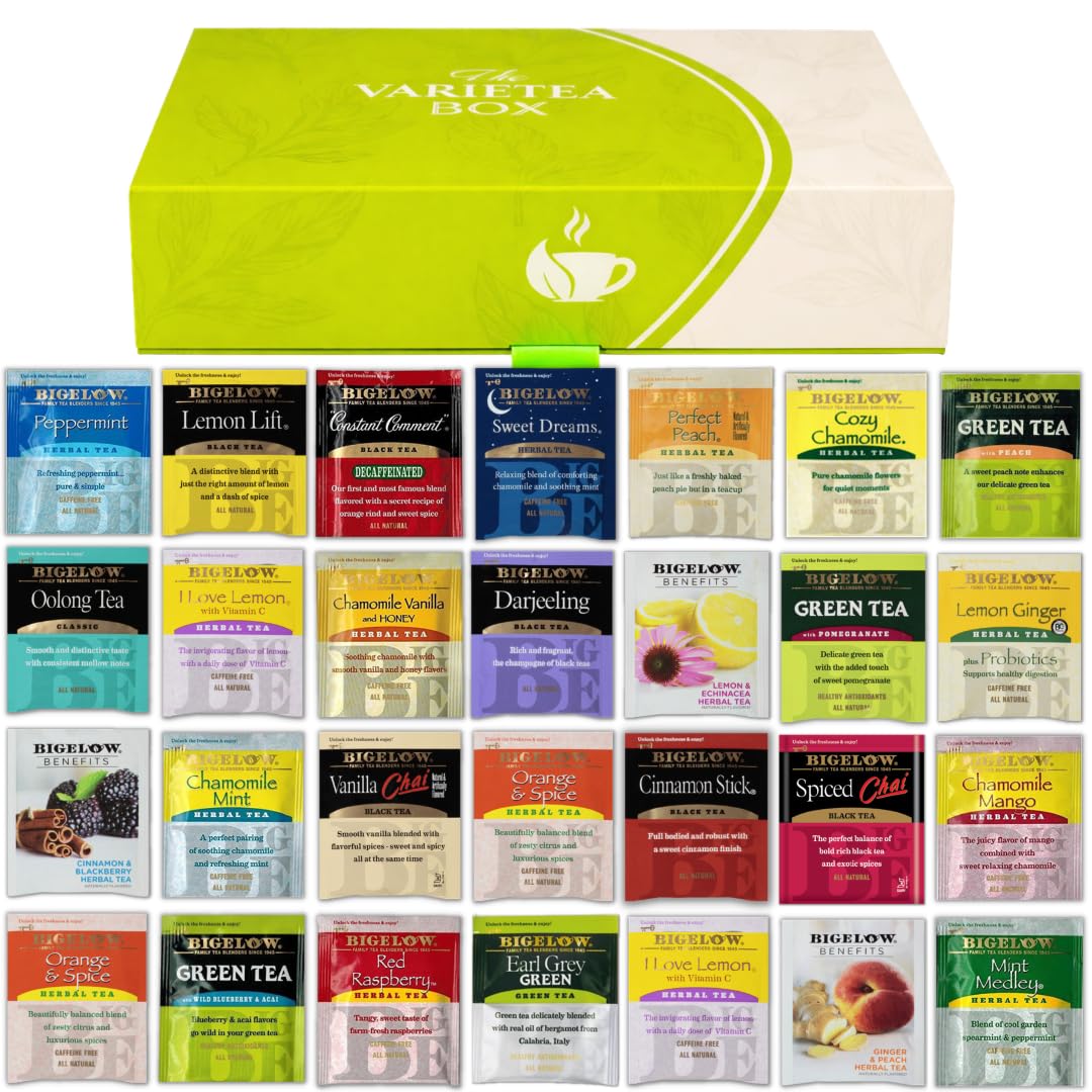 Bigelow Tea Sampler box cover highlighting gift-ready packaging for tea lovers.