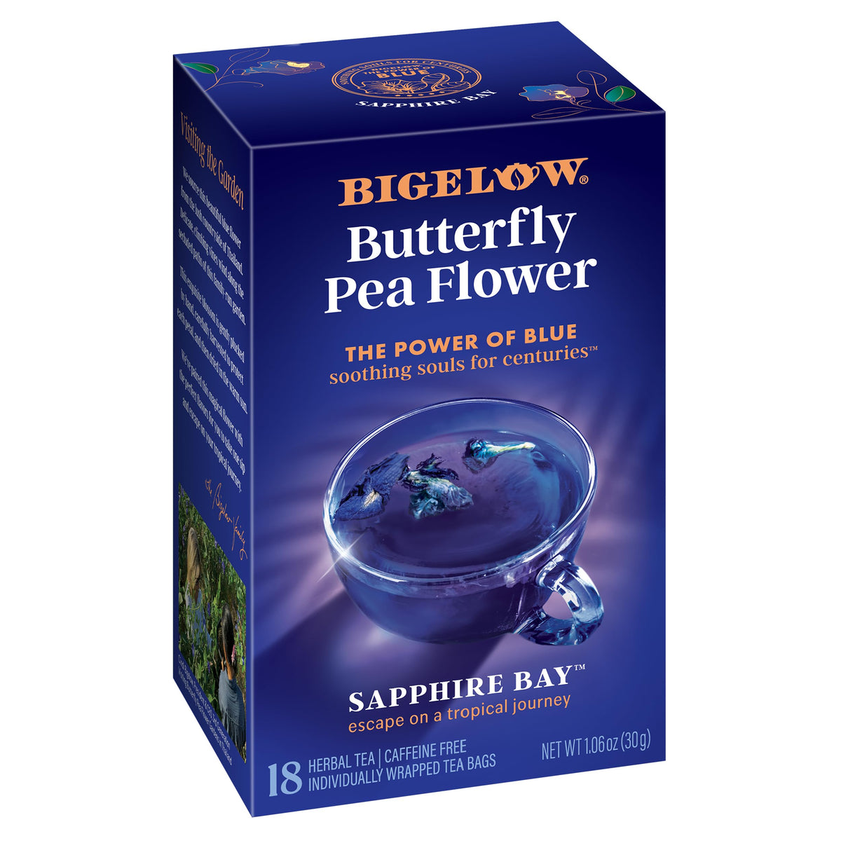 Bigelow Sapphire Bay butterfly pea flower packaging, caffeine-free herbal tea ideal for anytime