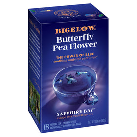 Bigelow Sapphire Bay butterfly pea flower packaging, caffeine-free herbal tea ideal for anytime