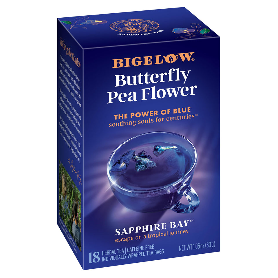 Bigelow Sapphire Bay butterfly pea flower packaging, caffeine-free herbal tea ideal for anytime