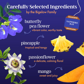 Bigelow Sapphire Bay tea cup showcasing caffeine-free herbal richness