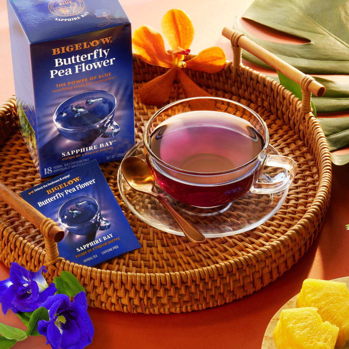 Bigelow Sapphire Bay butterfly pea infusion delivers Indigo blue color and a refreshing herbal note