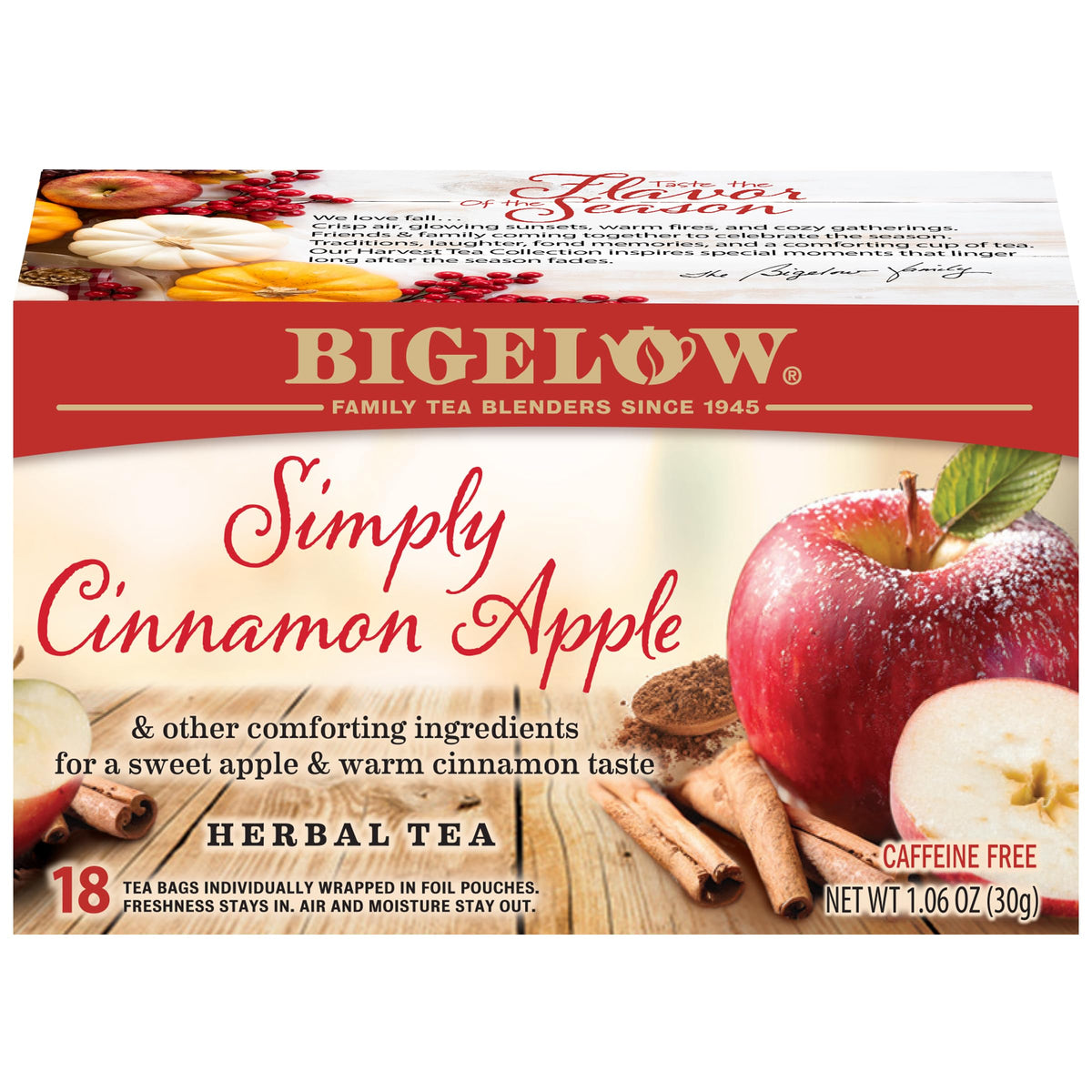 Bigelow Simply Cinnamon Apple Herbal Tea box display for home enjoyment