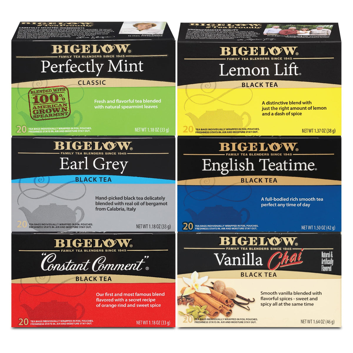 Bigelow Tea six-flavor variety pack box ready for tasting