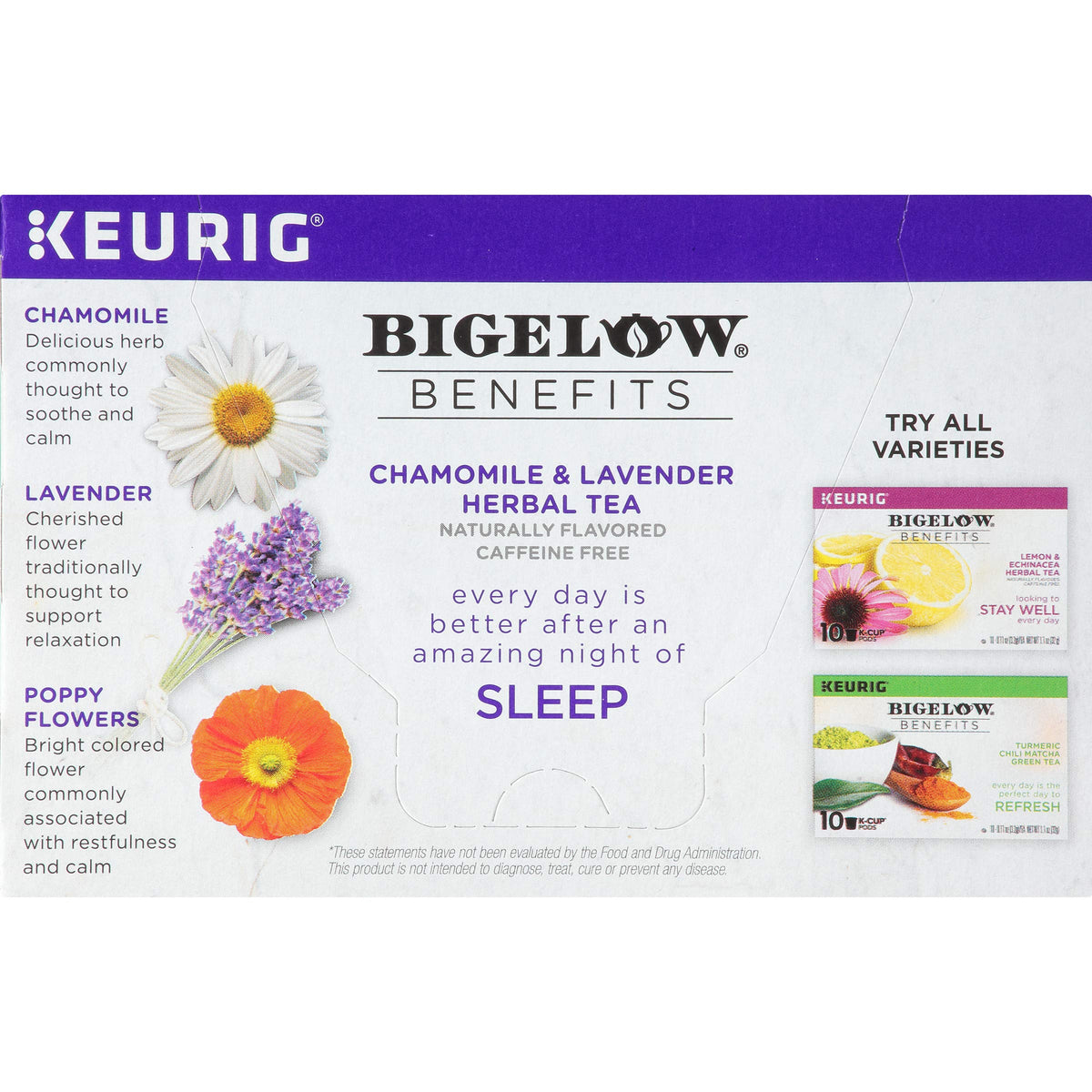 Bigelow Tea box and label highlighting quick, single-serve relaxation.