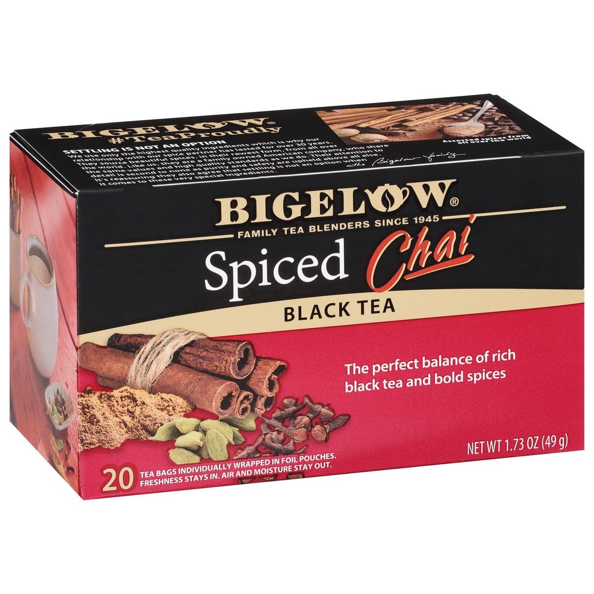 Bigelow Spiced Chai Black Tea box front showcasing bold flavors for cozy mornings
