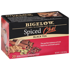 Bigelow Spiced Chai Black Tea box front showcasing bold flavors for cozy mornings
