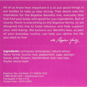 Bigelow Stay Well Lemon Echinacea caffeine-free label signals a calming moment.