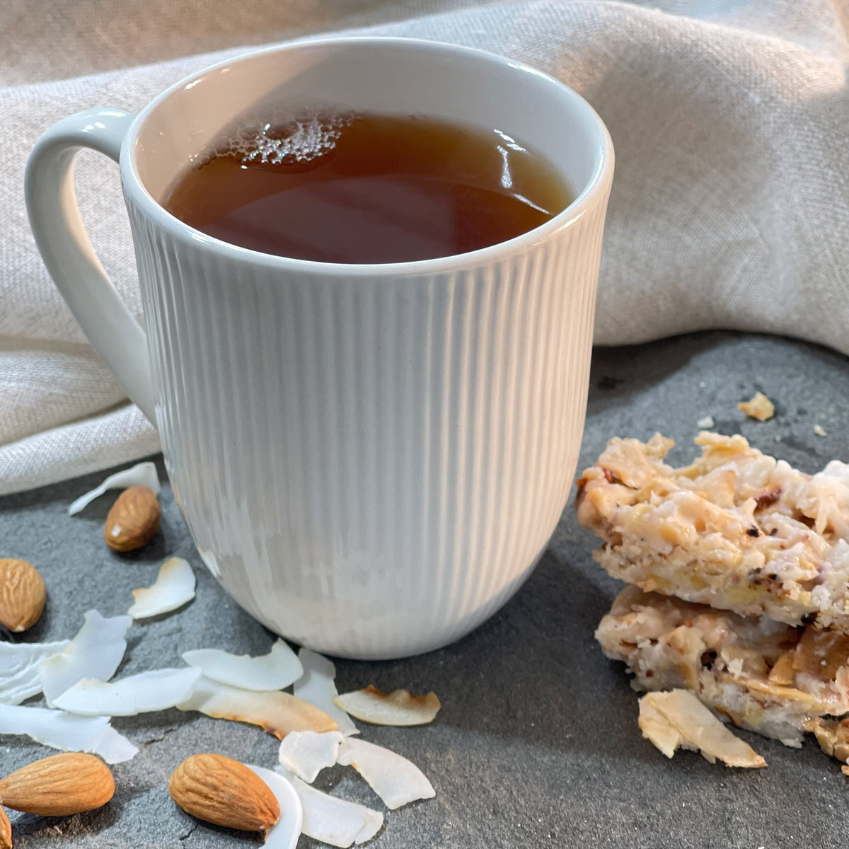 Bigelow Toasted Coconut Almond Bark Black Tea bags individually wrapped for freshness.