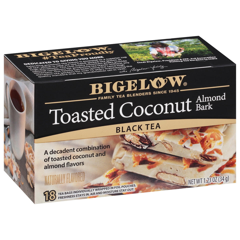 Bigelow Toasted Coconut Almond Bark Black Tea box ready for tasting and gifting.