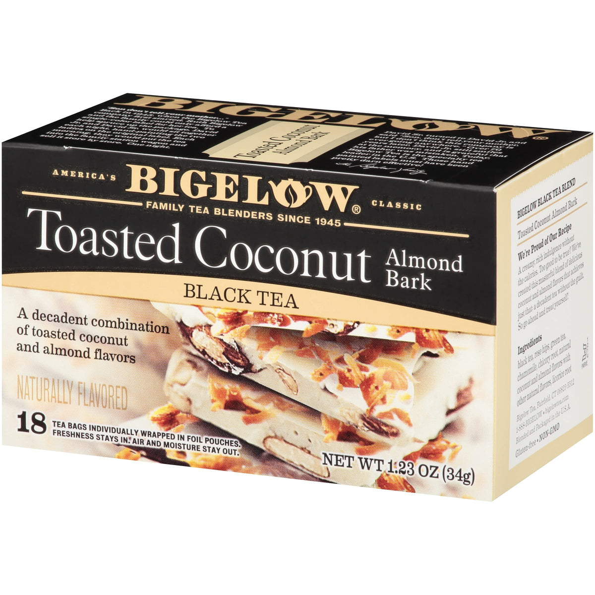 Bigelow Toasted Coconut Almond Bark ingredients scene featuring coconut and almond bits.
