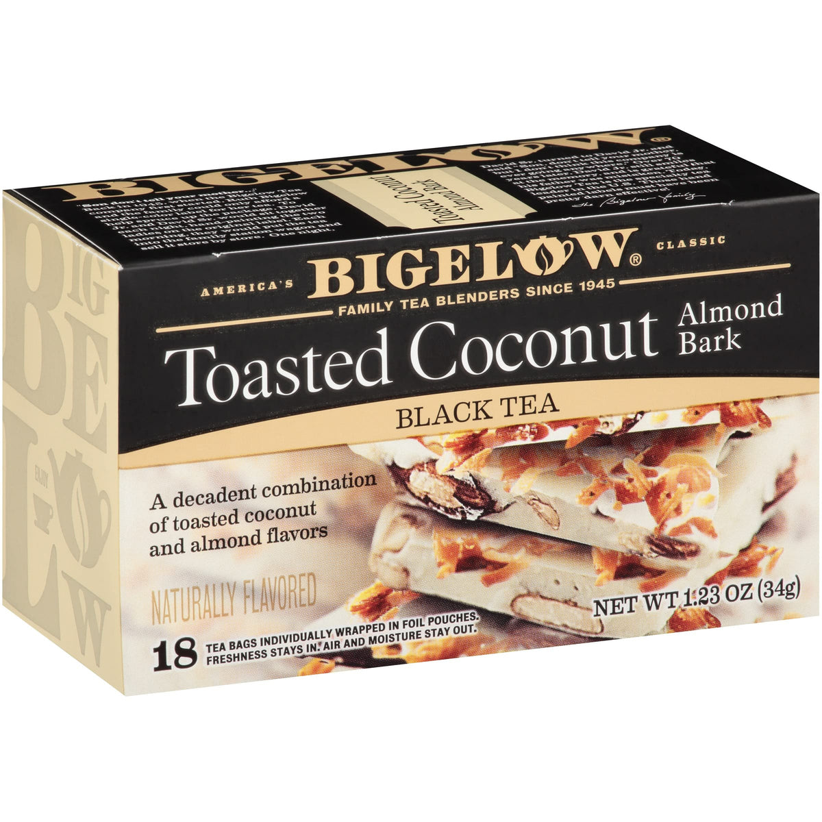 Bigelow Toasted Coconut Almond Bark packaging closeup shows convenient two-box design.