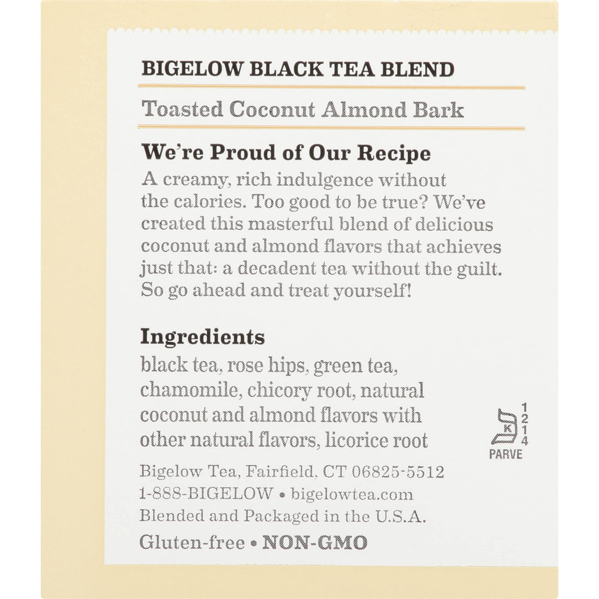 Bigelow Toasted Coconut Almond Bark tea bag brewing cup scene and aroma.