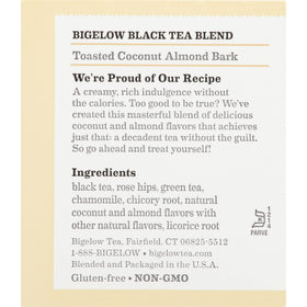 Bigelow Toasted Coconut Almond Bark tea bag brewing cup scene and aroma.