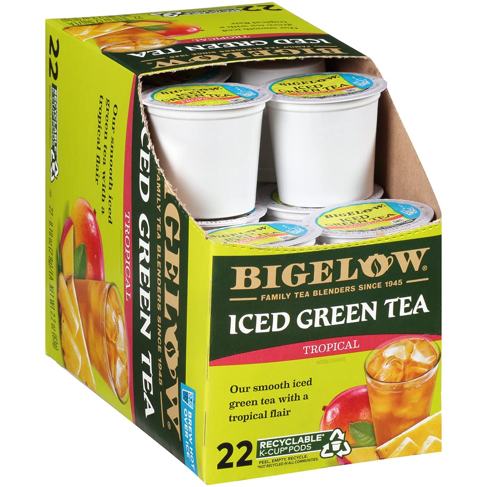 Bigelow Tropical Iced Green Tea K-Cup packaging ready for quick, refreshing mango-pineapple iced tea.