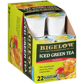 Bigelow Tropical Iced Green Tea K-Cup packaging ready for quick, refreshing mango-pineapple iced tea.