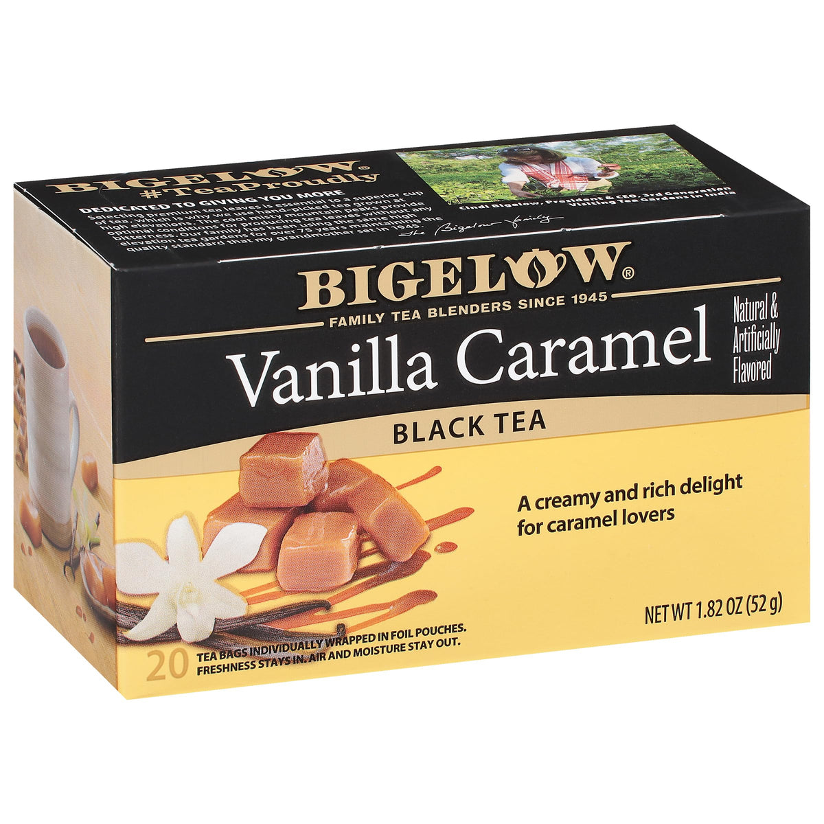 Bigelow Vanilla Caramel Black Tea box, rich aroma and calorie-free indulgence