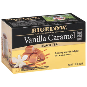Bigelow Vanilla Caramel Black Tea box, rich aroma and calorie-free indulgence