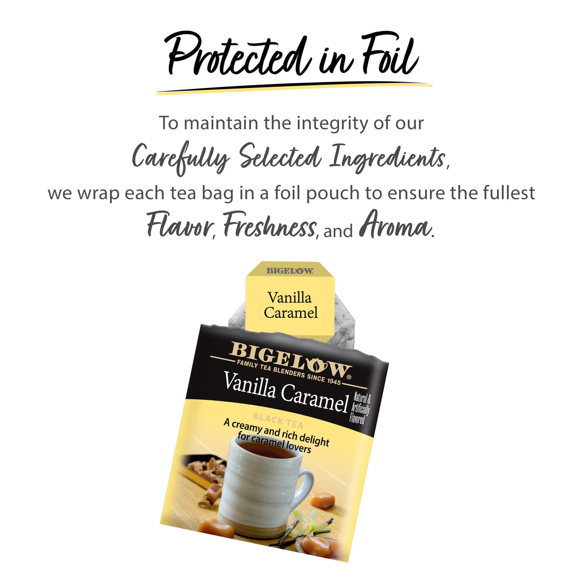 Closeup of Bigelow Vanilla Caramel label on tea box