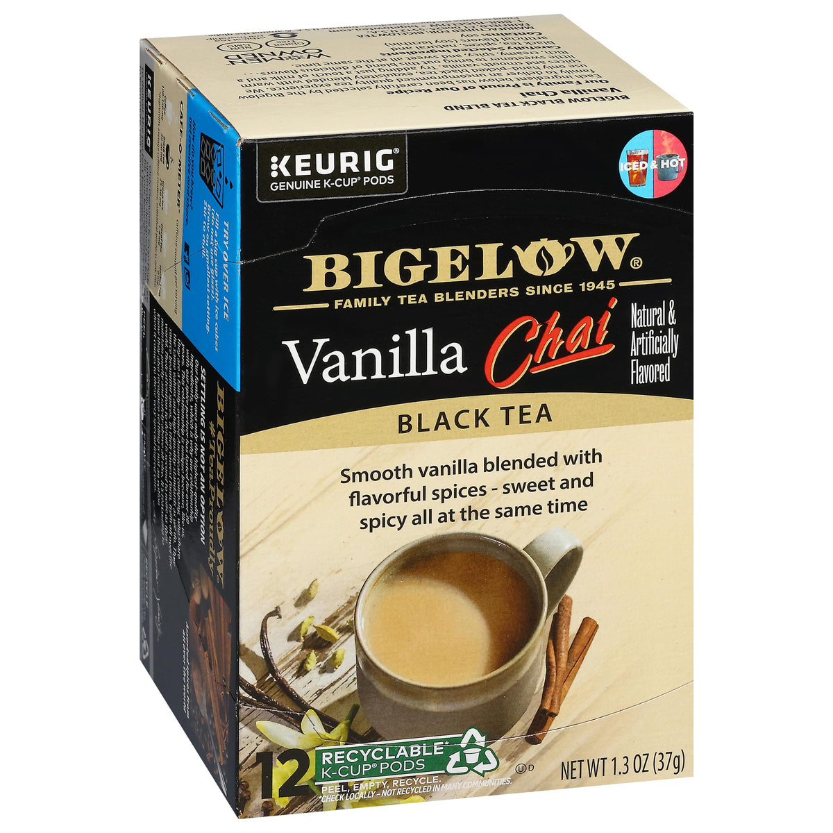 Bigelow Vanilla Chai K-Cup pod brew releasing warm vanilla spice aroma