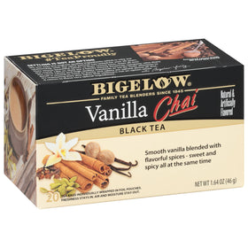 Bigelow Vanilla Chai tea bags in box for quick daily brews.