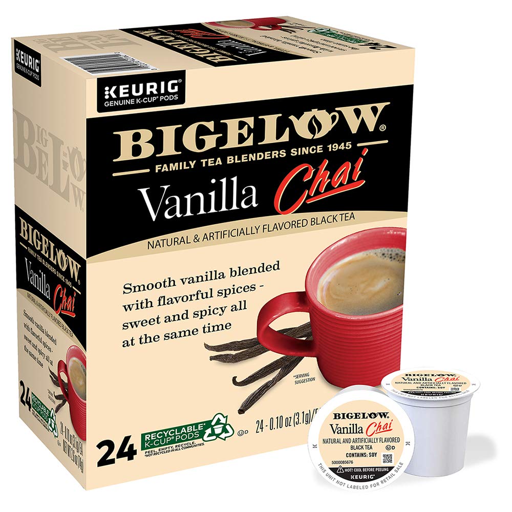 Bigelow Vanilla Chai tea K-Cup pods in packaging for fast breakfast preparation.