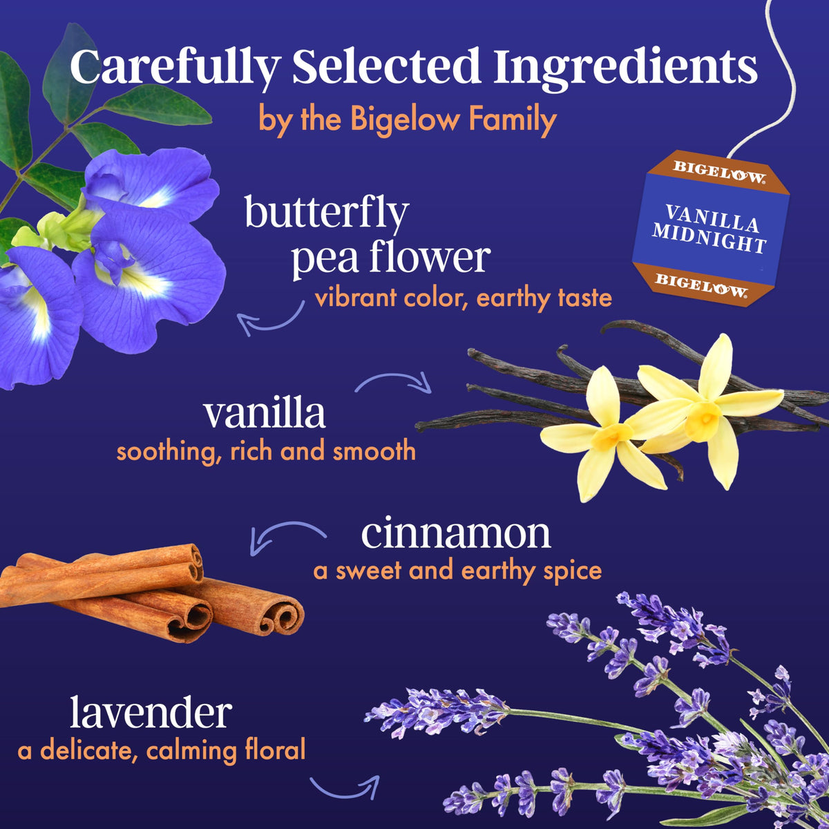 Bigelow Vanilla Midnight Butterfly Pea Flower is being brewed to create a calming caffeine-free moment.