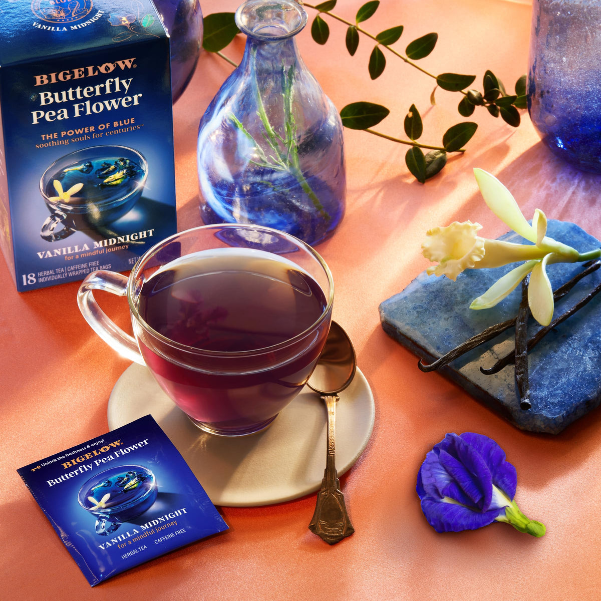 Bigelow Vanilla Midnight Butterfly Pea Flower tea bags are individually wrapped to preserve flavor.