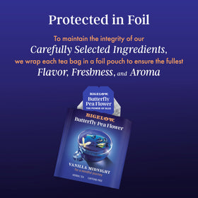 Bigelow Vanilla Midnight Butterfly Pea Flower blend in a teacup highlighting its natural hue.