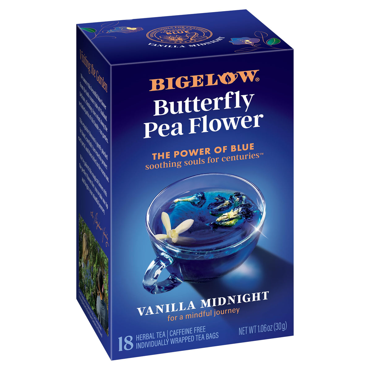 Bigelow Vanilla Midnight Butterfly Pea Flower packaging display for caffeine-free evenings.