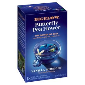 Bigelow Vanilla Midnight Butterfly Pea Flower packaging display for caffeine-free evenings.
