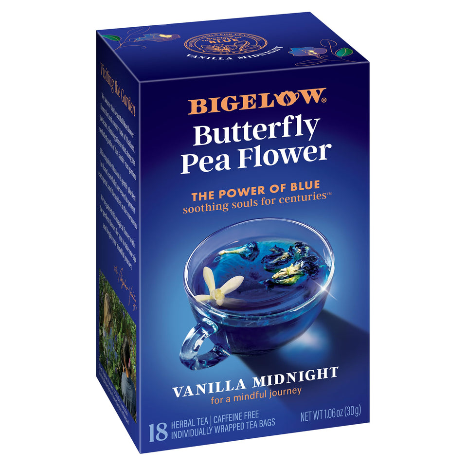 Bigelow Vanilla Midnight Butterfly Pea Flower packaging display for caffeine-free evenings.