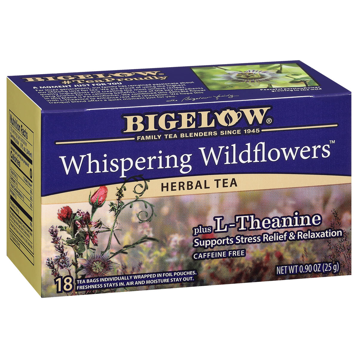 Bigelow Whispering Wildflowers tea box with pack6 front view, showcasing six-box set and multiple bags