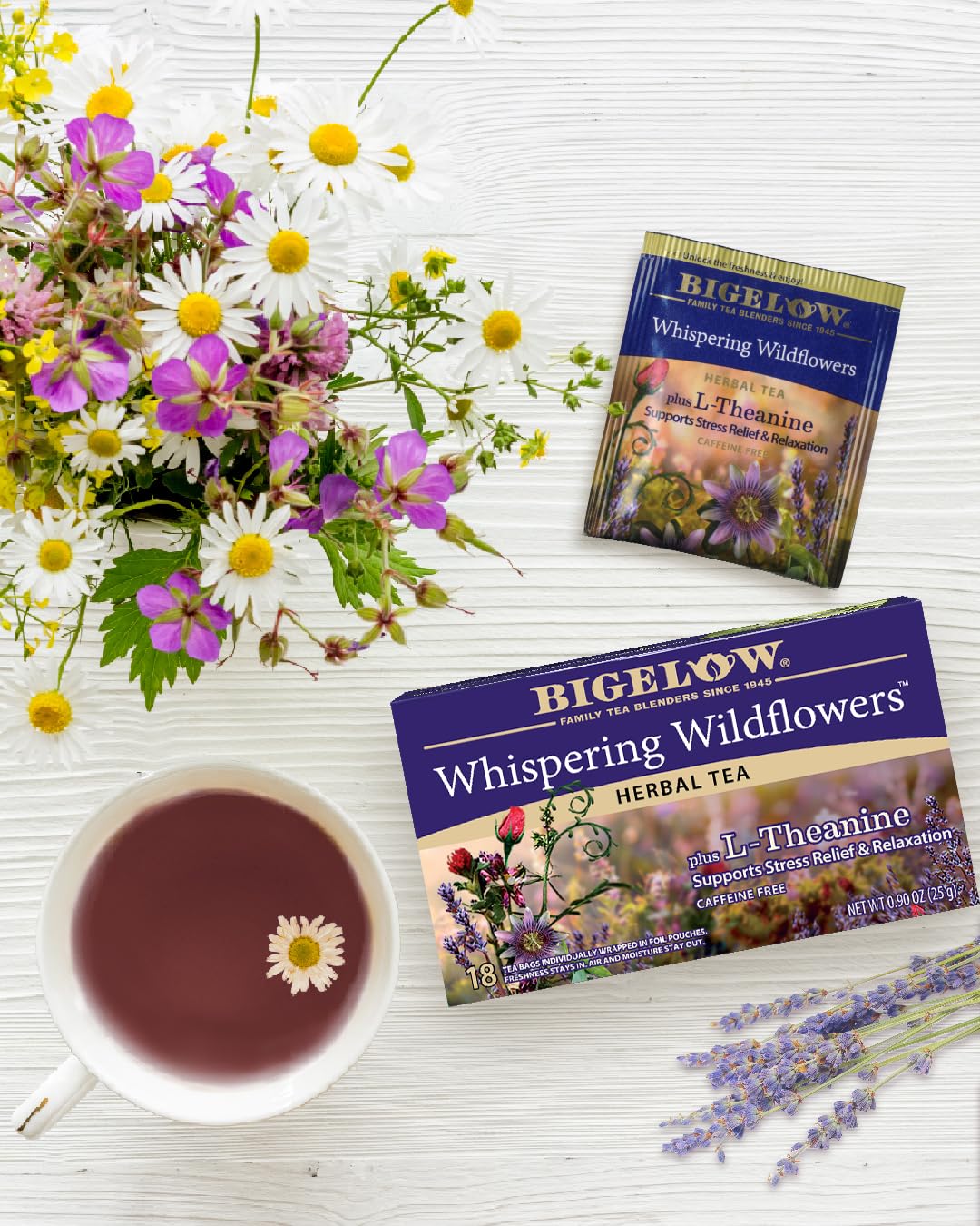 Bigelow Whispering Wildflowers tea box side view highlighting packaging details