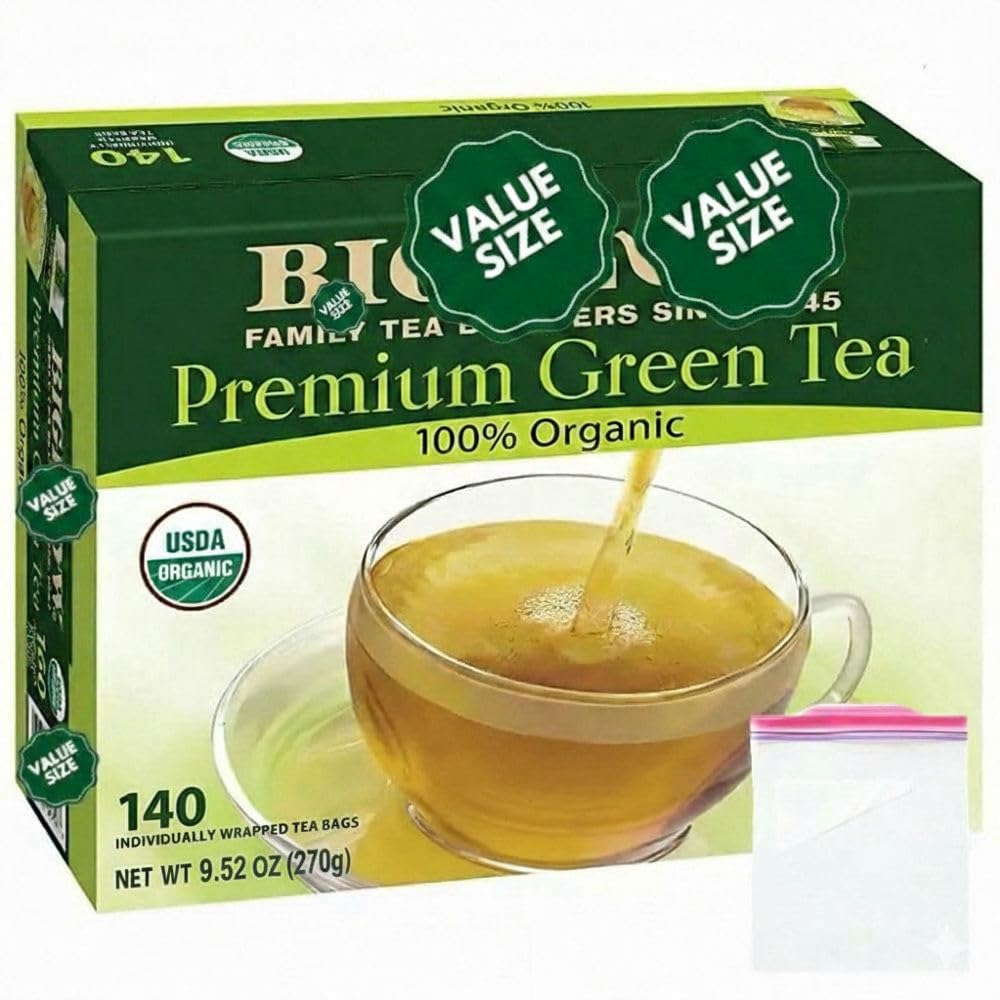Bigelowwss Premium Organic Green Tea 140 ct package preserves flavor for fresh sips.