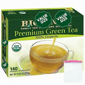 Bigelowwss Premium Organic Green Tea 140 ct package preserves flavor for fresh sips.