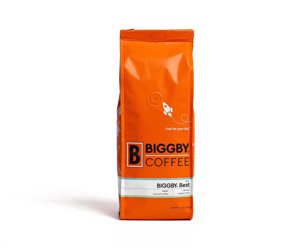 BIGGBY best coffee grounds in a 12oz bag, ready for hot or iced brewing.