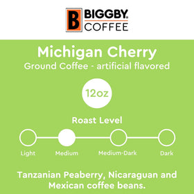 BIGGBY Michigan Cherry beans closeup showing high-quality Arabica for rich aroma.