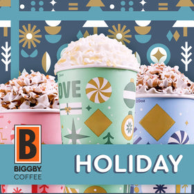 A steaming cup of BIGGBY coffee with mellow aroma.